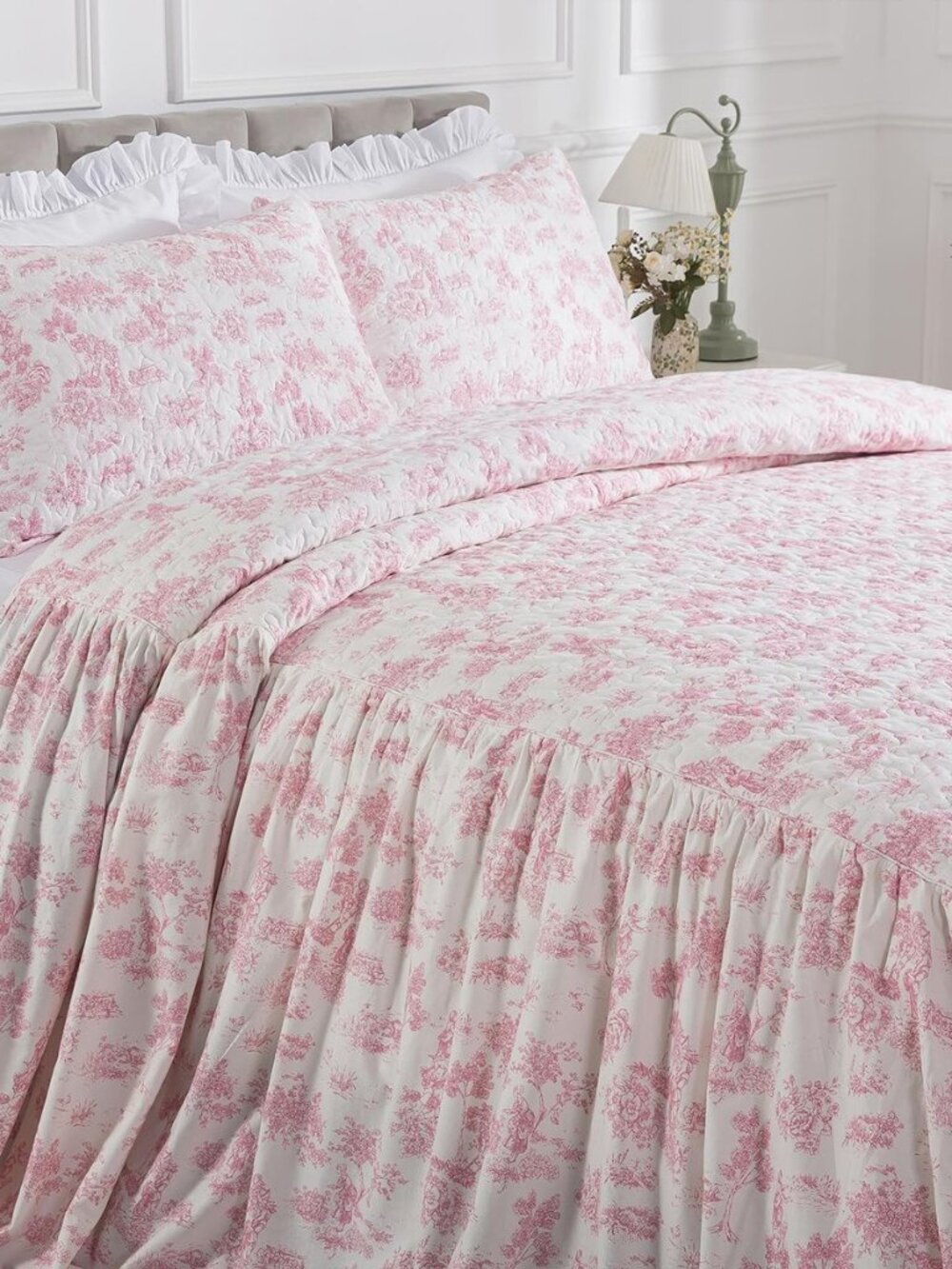 French Country Toile Cotton Bedspread Set Luxury Oversized Pink Toile Bedding